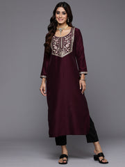 Indo Era Burgundy Yoke Design Straight Ethnic Kurtas