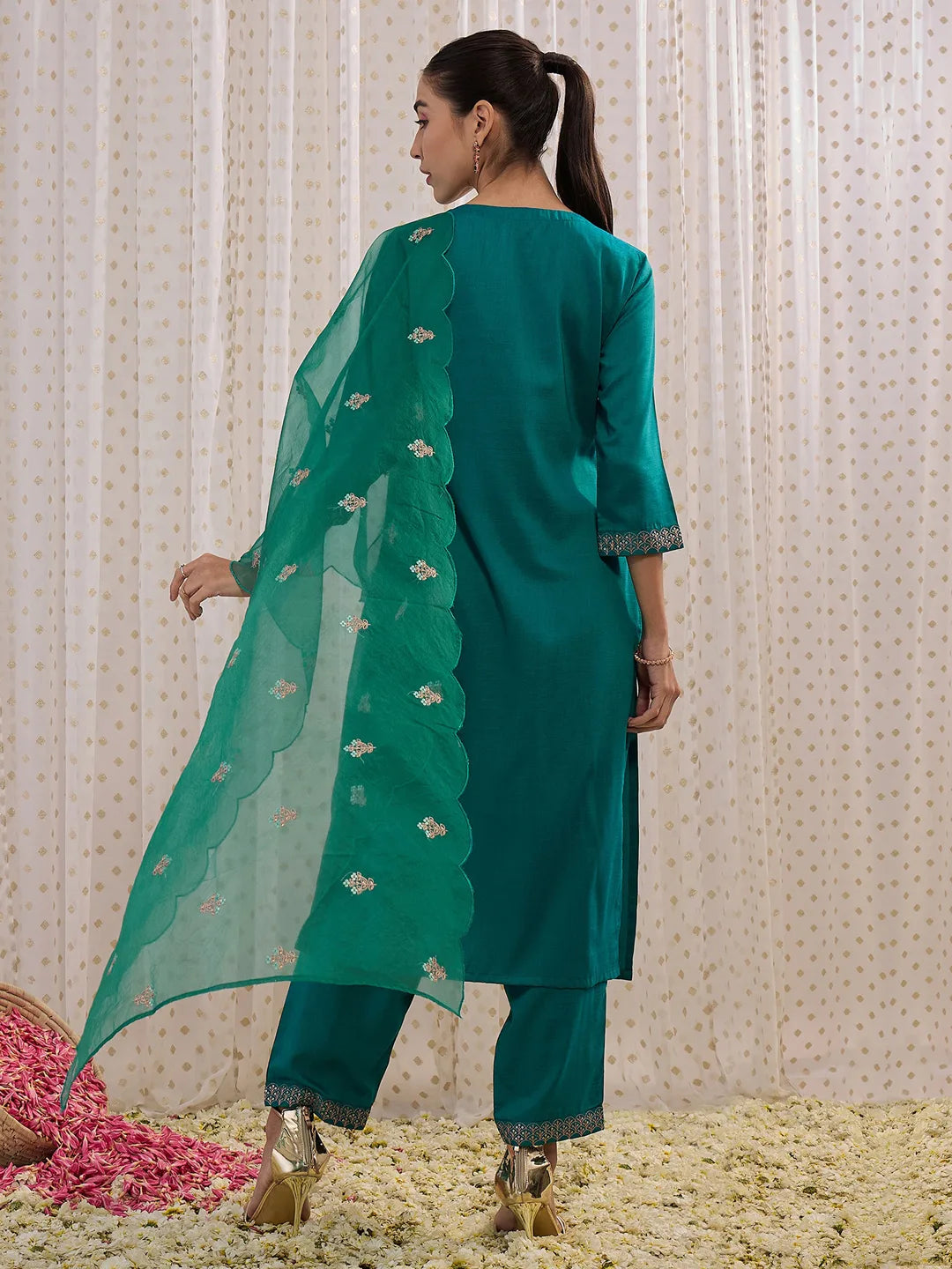 Teal Embroidered A-Line Kurta Trousers With Dupatta set