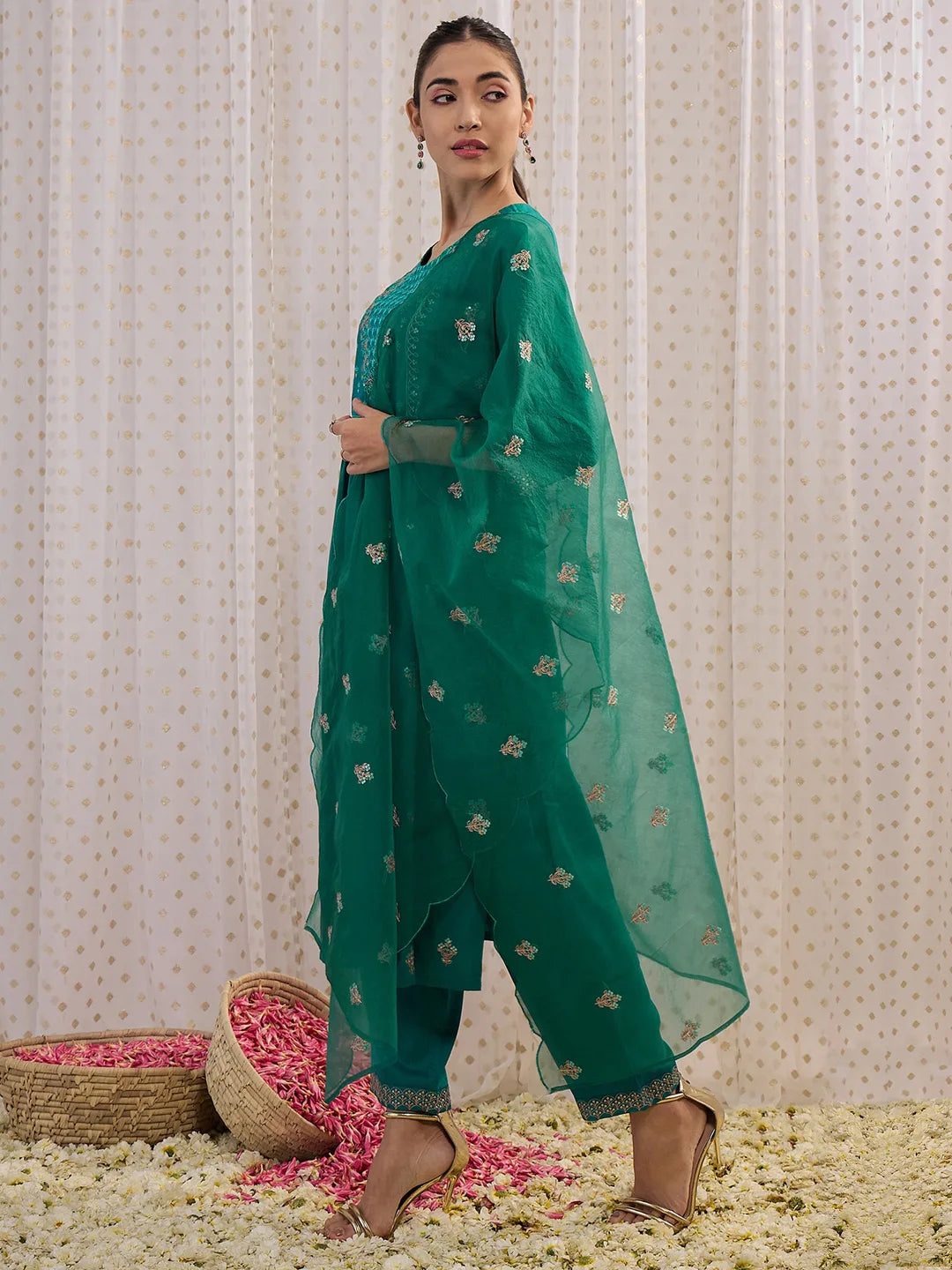 Teal Embroidered A-Line Kurta Trousers With Dupatta set