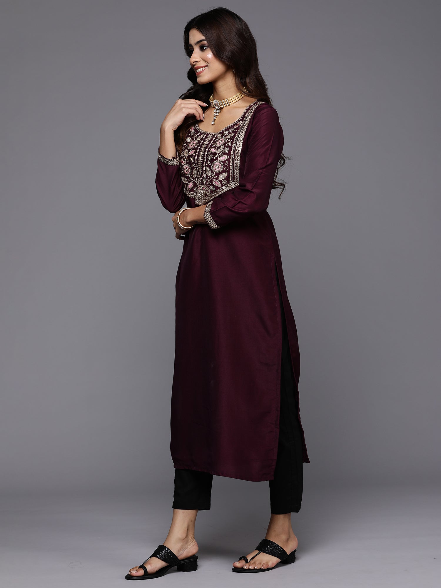 Indo Era Burgundy Yoke Design Straight Ethnic Kurtas