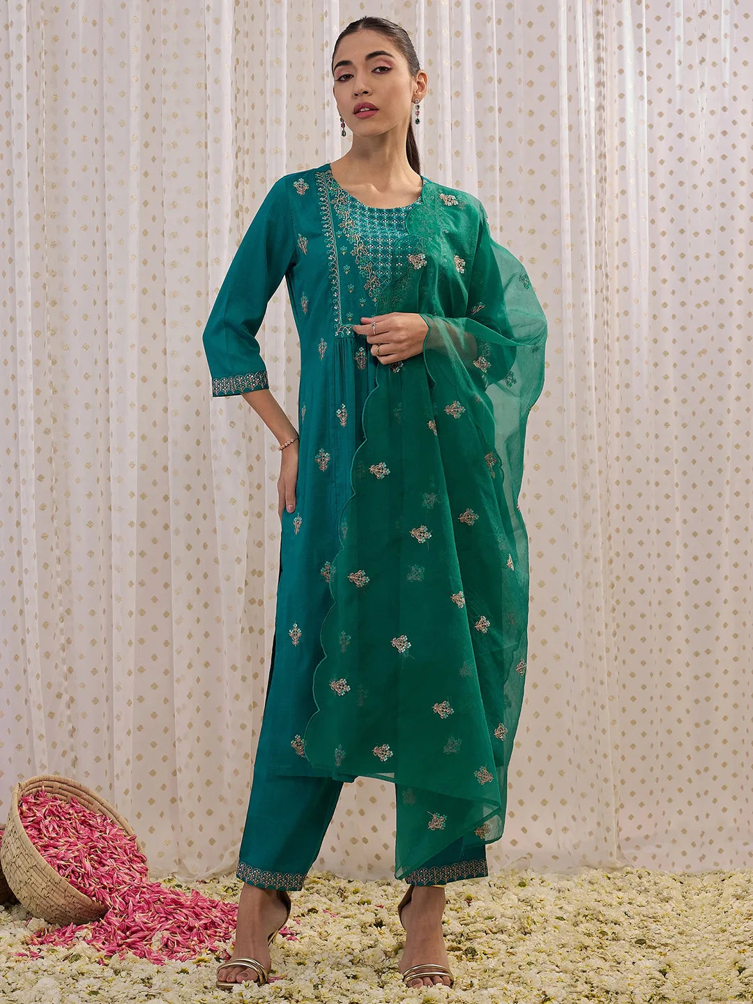 Teal Embroidered A-Line Kurta Trousers With Dupatta set