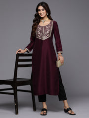 Indo Era Burgundy Yoke Design Straight Ethnic Kurtas