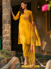 Yellow Embroidered Straight Kurta Trousers With Dupatta set