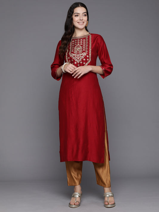 Indo Era Red Embroidered Straight Kurtas