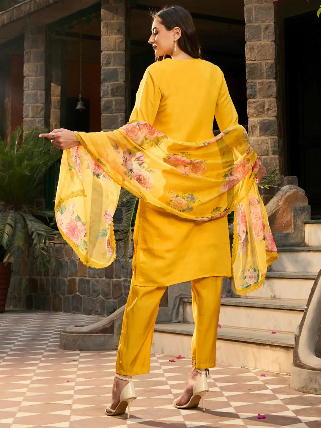 Yellow Embroidered Straight Kurta Trousers With Dupatta set