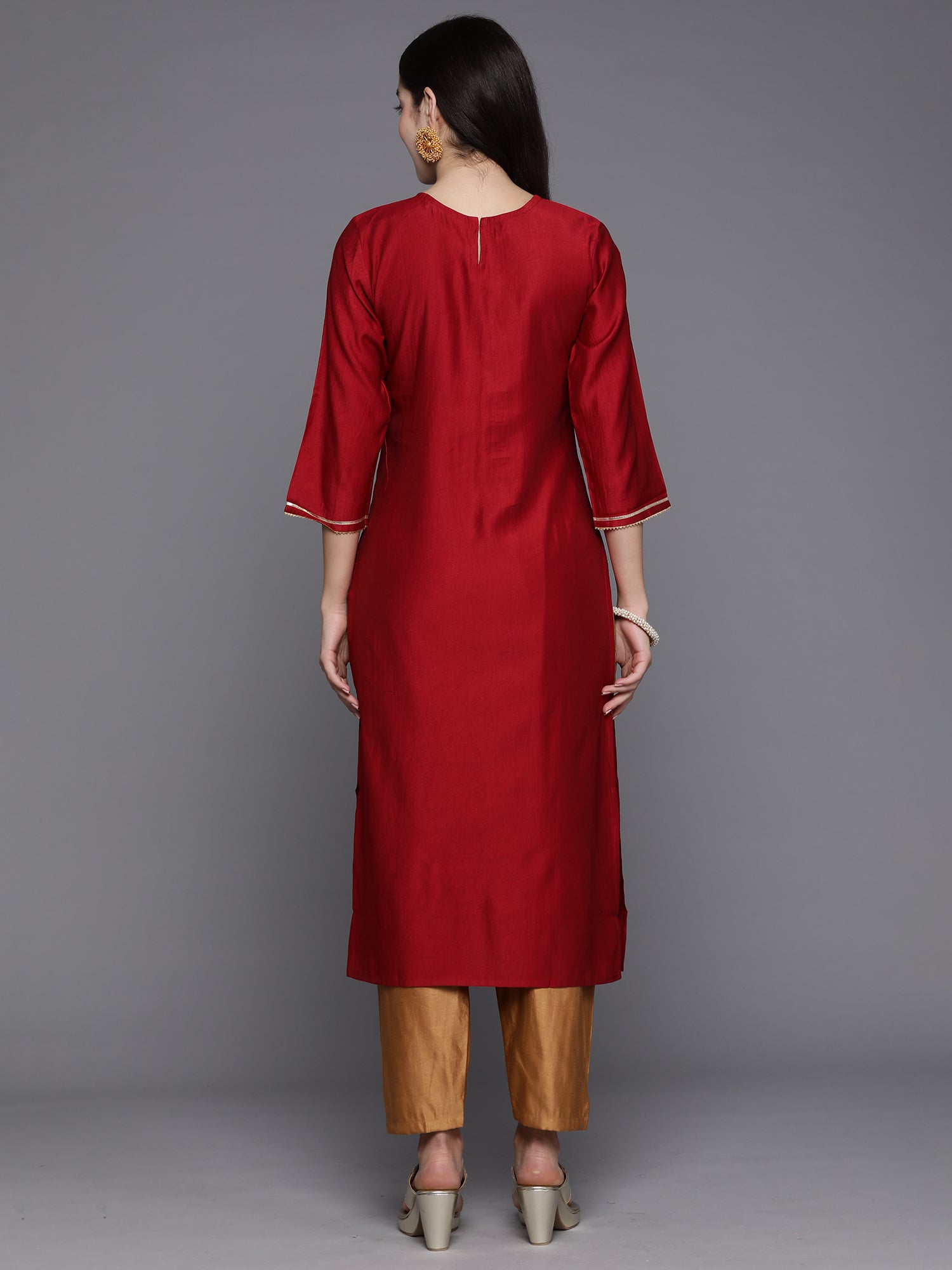 Indo Era Red Embroidered Straight Kurtas