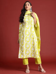 Green Printed Straight Kurta Trousers With Dupatta set