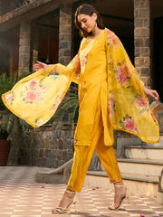 Yellow Embroidered Straight Kurta Trousers With Dupatta set