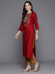 Indo Era Red Embroidered Straight Kurtas