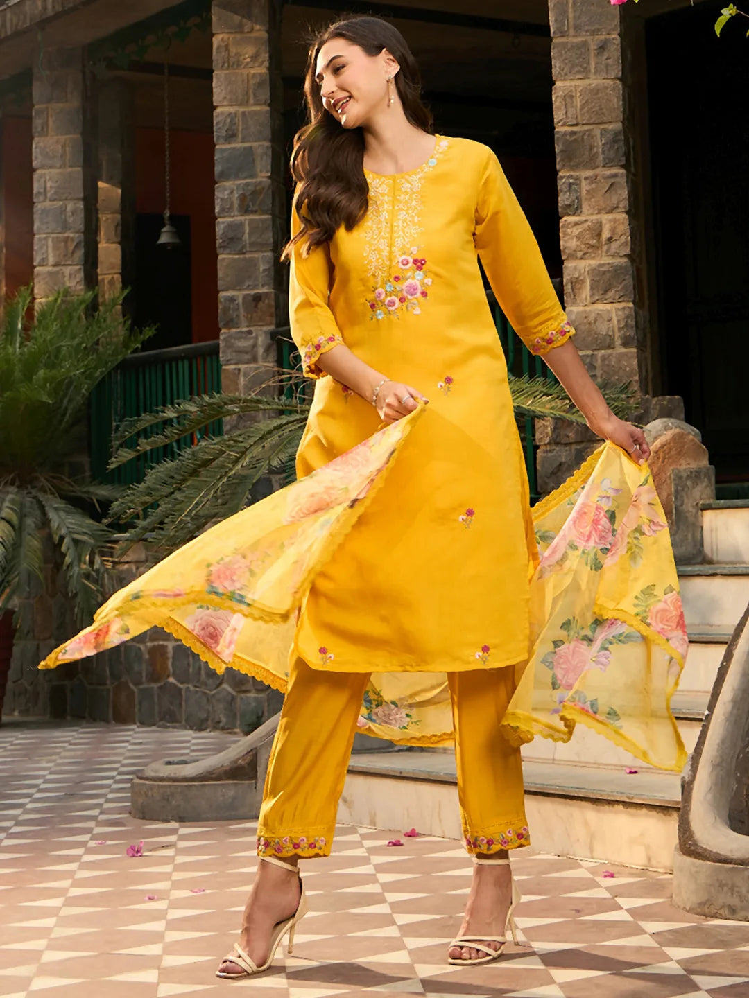 Yellow Embroidered Straight Kurta Trousers With Dupatta set