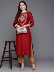 Indo Era Red Embroidered Straight Kurtas