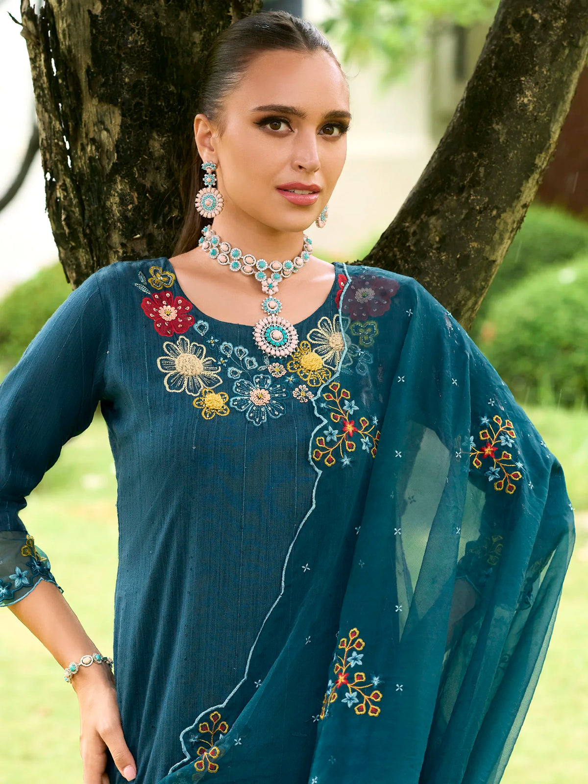 Teal Embroidered Straight Kurta Trousers With Dupatta set