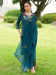 Teal Embroidered Straight Kurta Trousers With Dupatta set