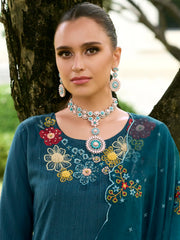 Teal Embroidered Straight Kurta Trousers With Dupatta set