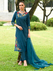 Teal Embroidered Straight Kurta Trousers With Dupatta set