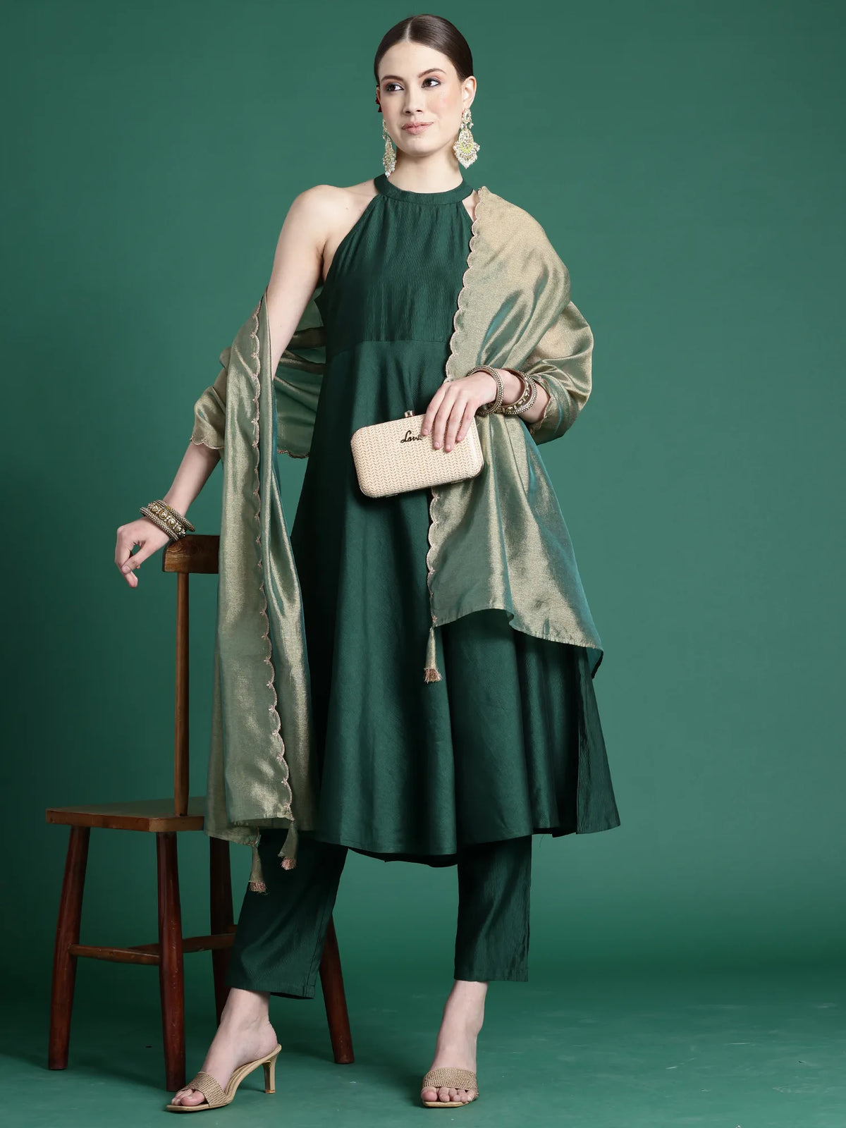 Green Solid A-Line Kurta Trousers With Dupatta set