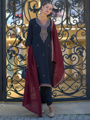 Black Embroidered Straight Kurta Trousers With Dupatta set