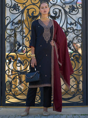 Black Embroidered Straight Kurta Trousers With Dupatta set