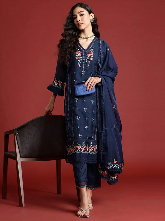 Navy Blue Embroidered Straight Kurta Trousers With Dupatta set