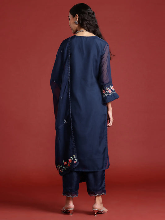 Navy Blue Embroidered Straight Kurta Trousers With Dupatta set