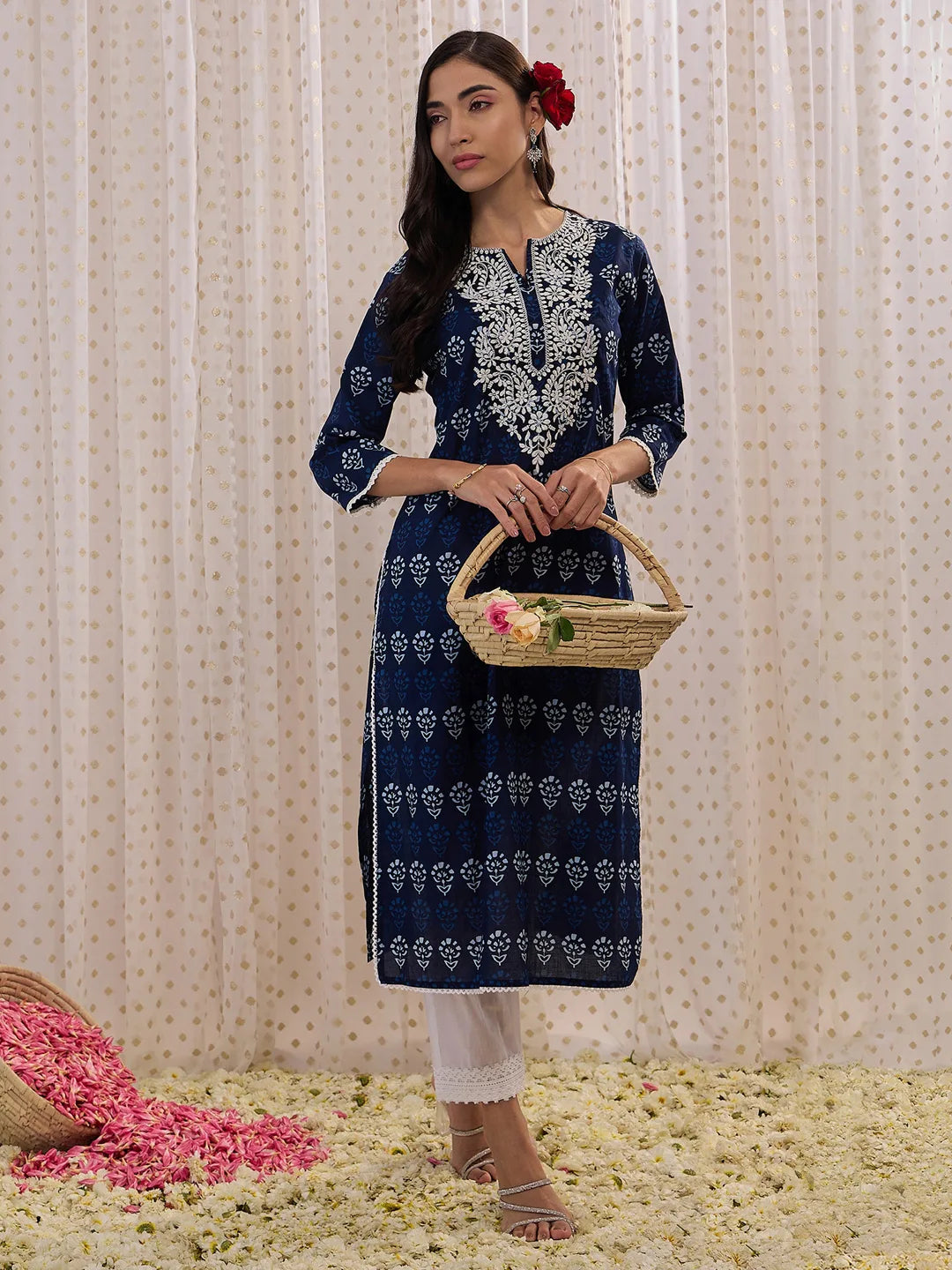 Navy Blue Printed Straight Kurtas