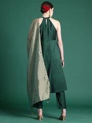 Green Solid A-Line Kurta Trousers With Dupatta set