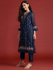 Navy Blue Embroidered Straight Kurta Trousers With Dupatta set