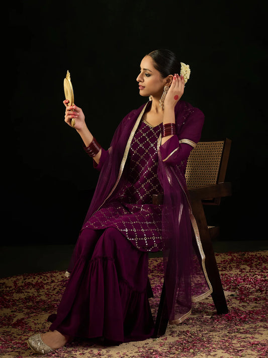 Burgundy Embroidered Straight Kurta Sharara With Dupatta set