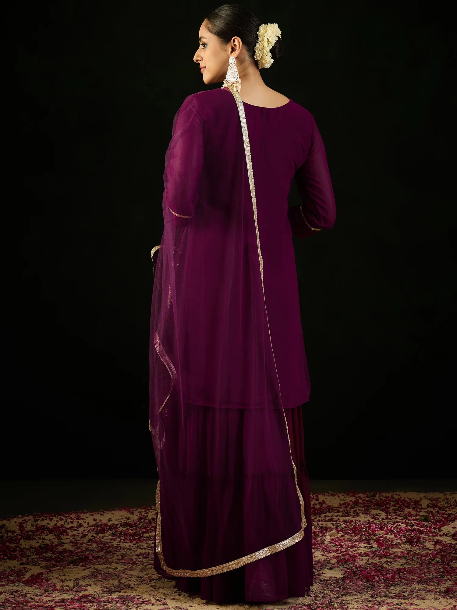 Burgundy Embroidered Straight Kurta Sharara With Dupatta set