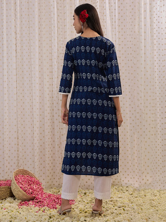 Navy Blue Printed Straight Kurtas