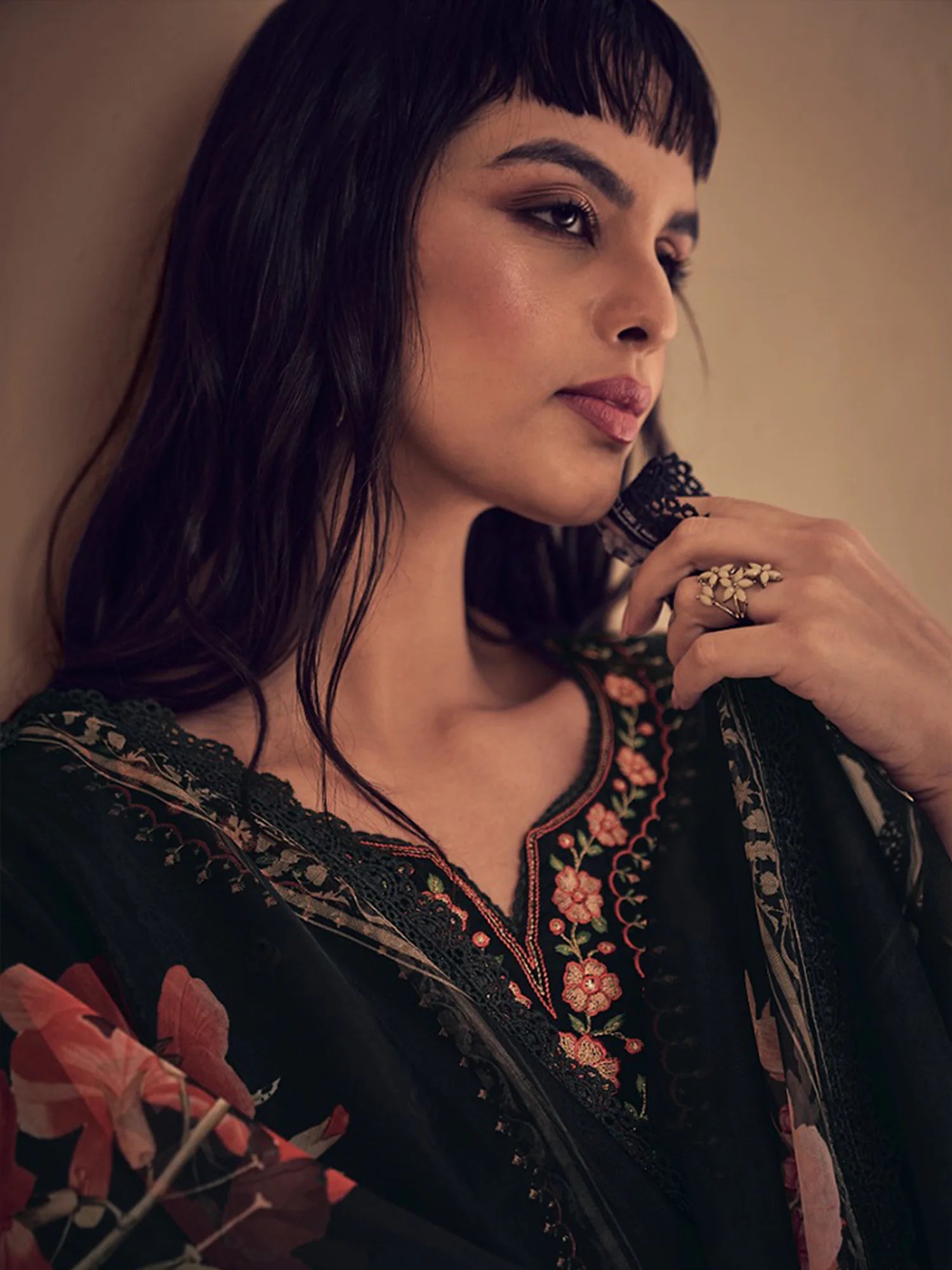 Black Embroidered Straight Kurta Trousers With Dupatta set