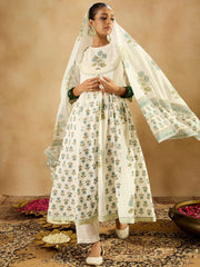 White Printed A-Line Kurta Trousers With Dupatta set