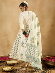 White Printed A-Line Kurta Trousers With Dupatta set