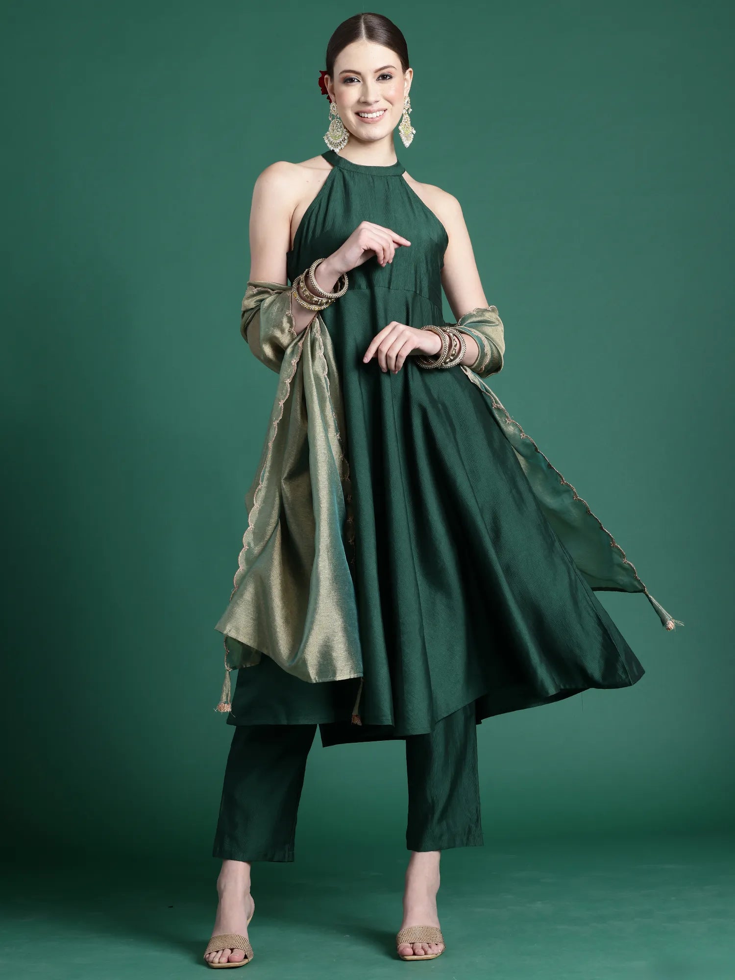 Green Solid A-Line Kurta Trousers With Dupatta set