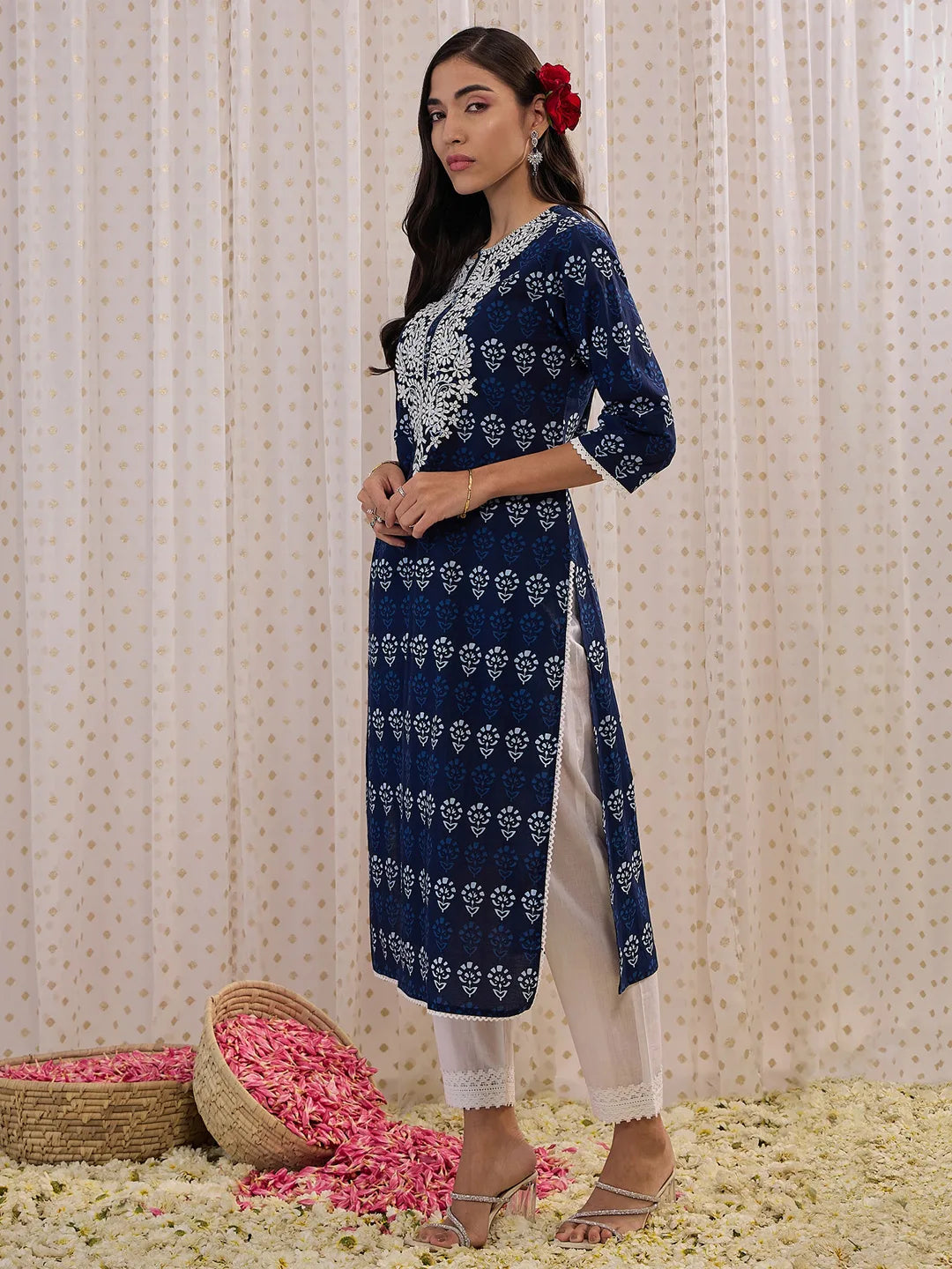 Navy Blue Printed Straight Kurtas