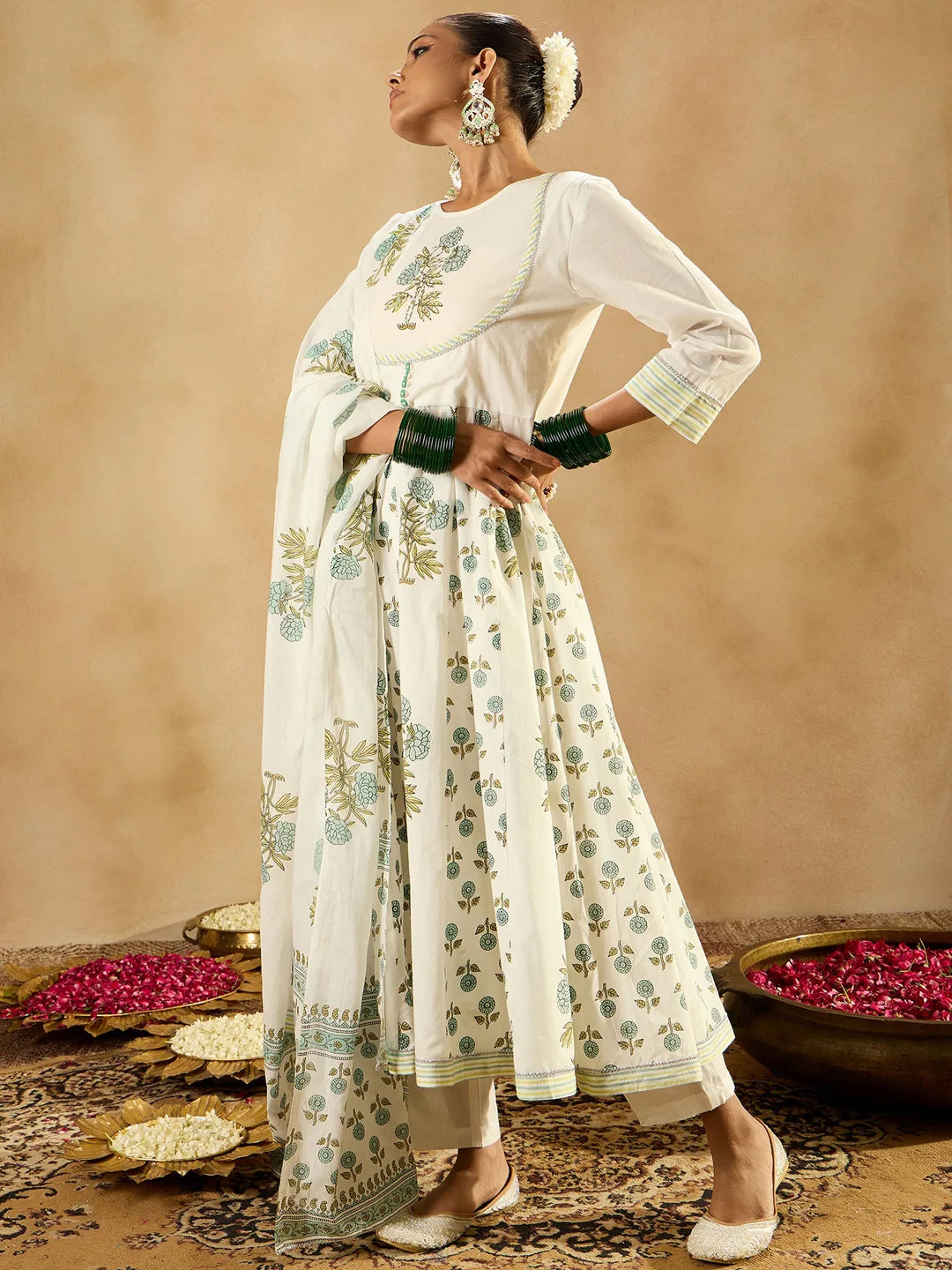 White Printed A-Line Kurta Trousers With Dupatta set