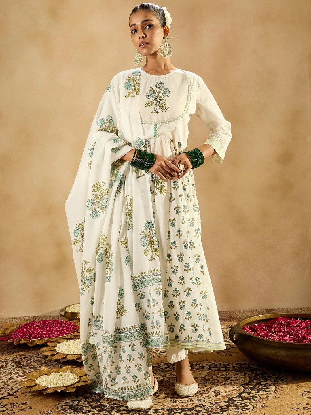 White Printed A-Line Kurta Trousers With Dupatta set