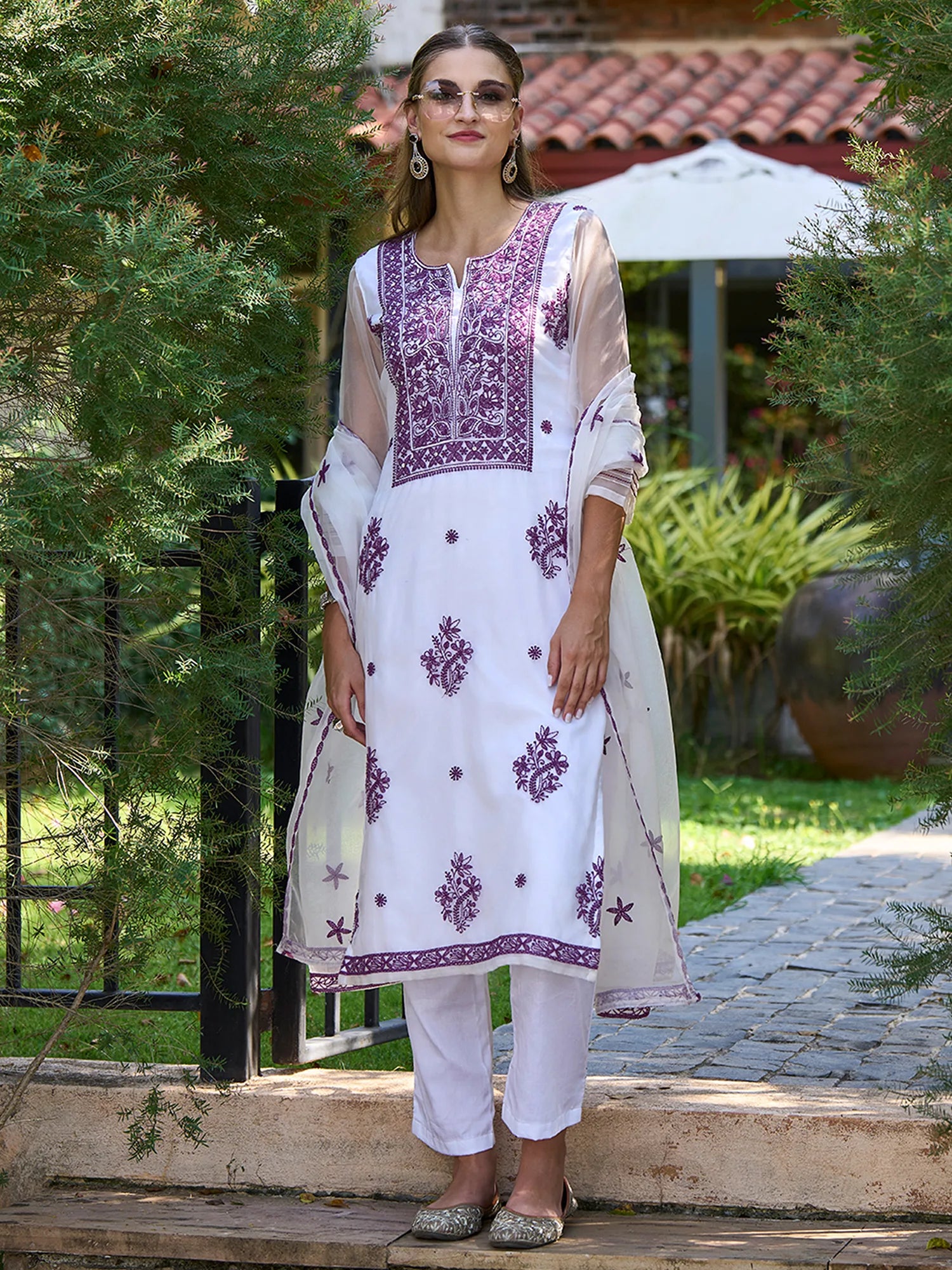 White Embroidered Straight Kurta Trousers With Dupatta set