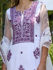 White Embroidered Straight Kurta Trousers With Dupatta set