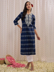 Navy Blue Printed Straight Kurtas