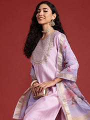 Lavender Embroidered Straight Kurta Trousers With Dupatta set