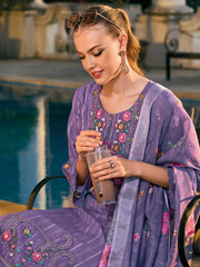 Purple Embroidered Straight Kurta Trousers With Dupatta set