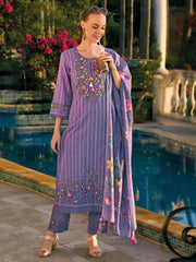 Purple Embroidered Straight Kurta Trousers With Dupatta set