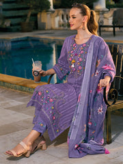 Purple Embroidered Straight Kurta Trousers With Dupatta set