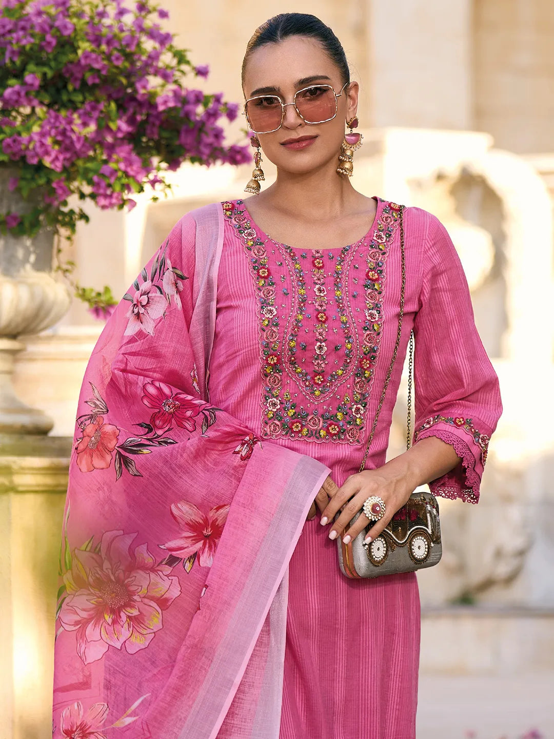 Pink Embroidered Straight Kurta Trousers With Dupatta set