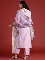 Lavender Embroidered Straight Kurta Trousers With Dupatta set