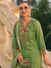 Green Embroidered Straight Kurta Trousers With Dupatta set