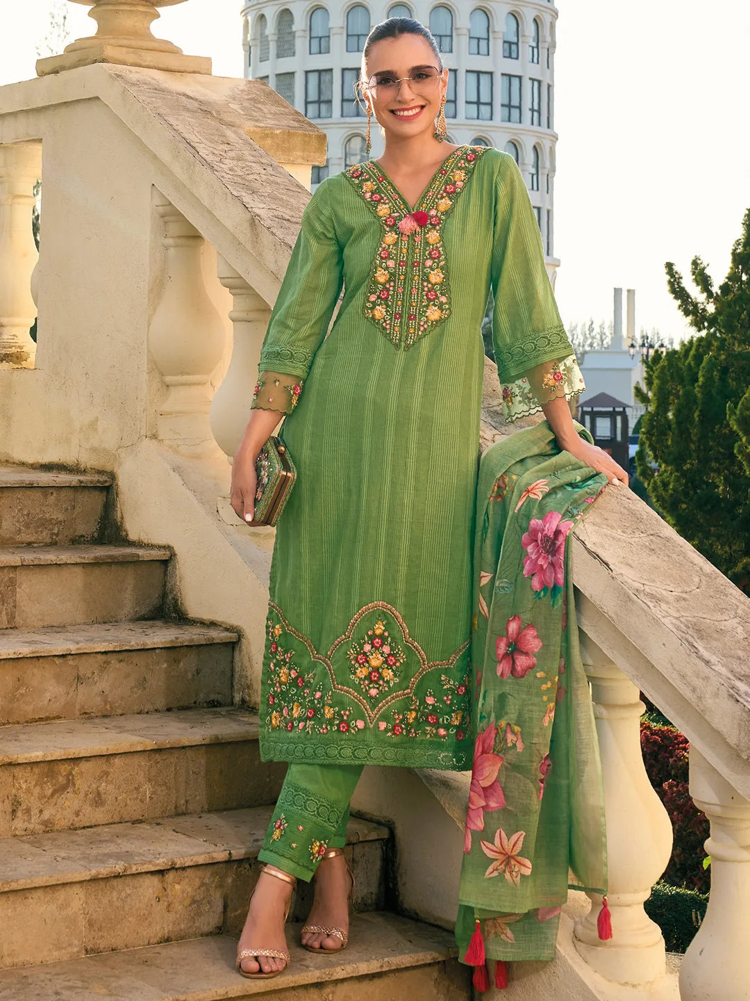 Green Embroidered Straight Kurta Trousers With Dupatta set