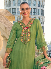 Green Embroidered Straight Kurta Trousers With Dupatta set