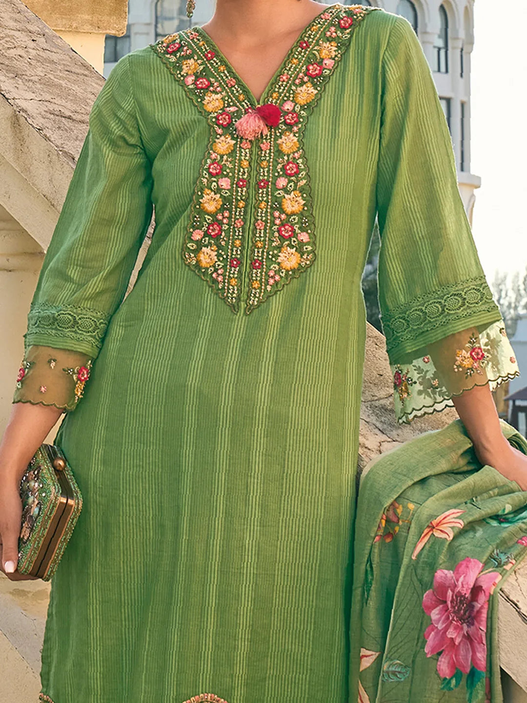 Green Embroidered Straight Kurta Trousers With Dupatta set